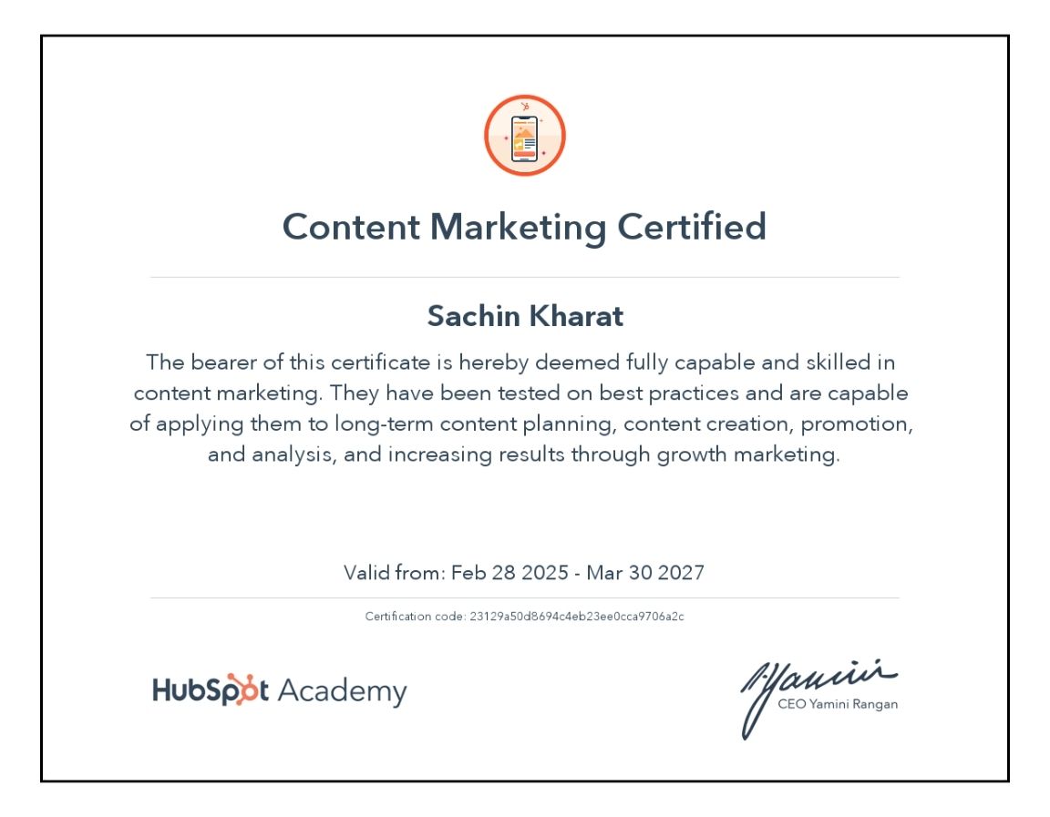 Content Marketing Certified By HubSpot