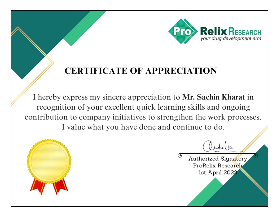 Certificate of Appreciation By ProRelix Research